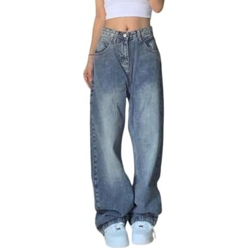 EMMIOL Women Baggy Jeans Mid-Low Waist Boyfriend Streetwear Vintage Jeans Wide Leg Denim Pants