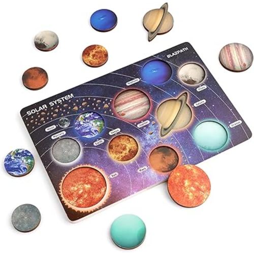 Solar System Wooden Puzzle Toy Model for Kid 3-5, Toddler Montessori Movable Planet Name Board Game, Outer Space Themed Imaginary Sensory Play Gift, Preschool Science Stem Learning Activity