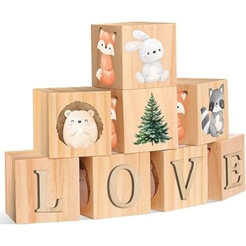 Custom Woodland Animals Wooden Name Sign, 8 Animals Block with 78 Letter Nursery Name Cubes for Nursery Shower Baby Shower Alphabet Wood Signs