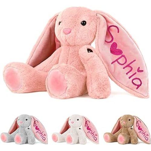 Personalized Bunny Plush for Kids Custom Bunny with Embroidered Name, Stuffed Animal for Toddler 1-3+ Girls Boys Bunnys Plush Toys Personalized Baby Newborn Kids Gifts for First Birthday Easter