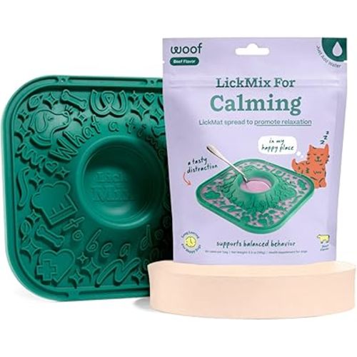 Woof Lick Mat and Calming LickMix Starter Pack Bundle - Dog Enrichment and Spread - Slow Feeder Mat with Non-Slip Design - Delicious, Lower Calorie Mix -Green