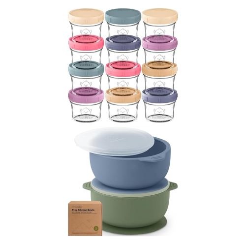 KeaBabies 12-Pack Baby Food Containers and 2-Pack Baby Bowls with Suctions, Lids - 4 oz Leak-Proof, Microwavable, Kids Food Storage Container - Silicone Suction Bowls for Babies, Toddlers