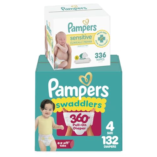 Pampers Swaddlers 360 Pull-On Diapers, Size 4, 132 Count, with Sensitive Baby Wipes, 4 Flip-Top Packs (336 Wipes Total) [Packaging May Vary]