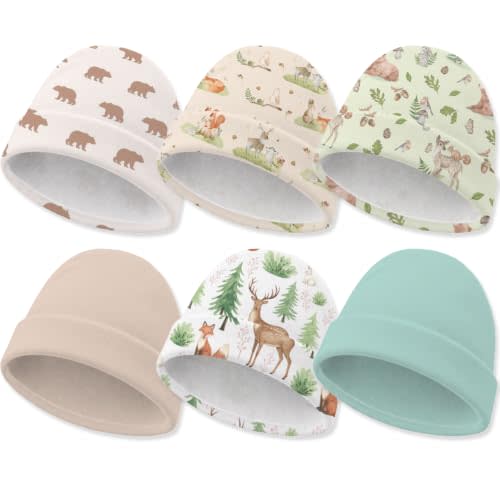 6 Pack Newborn Baby Hats Soft Cotton Infant Beanie Caps for Ages 0-6 Months | Printed and Solid Styles 5.9 x 5.5 Inch Hospital Bag Essentials for Boys Girls Baby Shower Registry Gift Coming Home Outfit