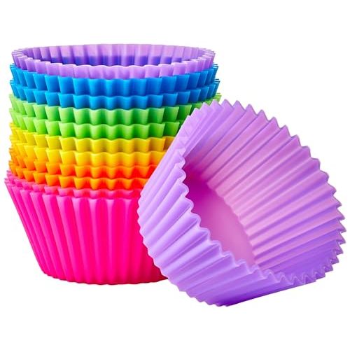 Amazon Basics Reusable Non-Stick Silicone Baking Cups, BPA Free, Muffin Liners, Dishwasher Safe, Microwave and Oven Safe, 2.9 x 2.9 x 1.3 in (LxWxH), Multicolor, 12-Pack