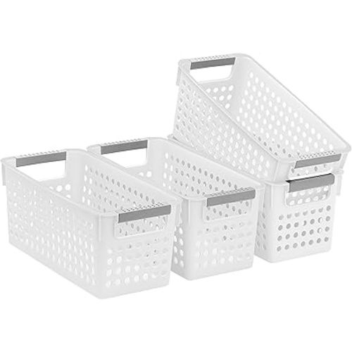 Soddeph 4 Pack Slim Plastic Storage Basket with Handles, Rectangular Storage Bins for Shelves,Narrow Organizer box for Organizing, Kitchen,Home,Office (White, Small)
