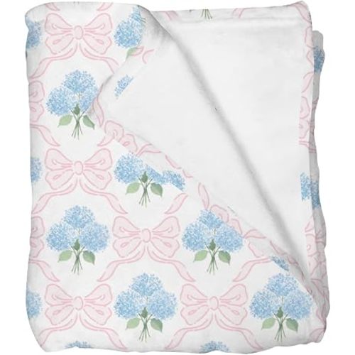 Preppy Bows Floral Baby Blankets for Boys Girls Blue Hydrangea Pink Bows Swaddle Receiving Blanket Toddlers Newborn Crib Nursery Pastel Hydrangea Flowers Bed Blanket Blue 40x50inch