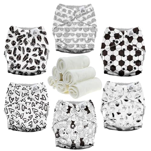 Mama Koala 3.0 Cloth Diapers for Babies with AWJ Lining, 6 Pack with 6 Natural Cloth Diaper Inserts - Reusable and Washable Pocket Diapers (Black & White World)