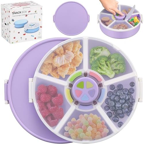 Aimsnk Kids Original Snack Spinner Bundle - Reusable Snack Container with 5 Compartment Dispenser and Lid | BPA and PVC Free | Dishwasher Safe | No Spill, Leakproof,for Toddlers,School (Purple-2Pack)