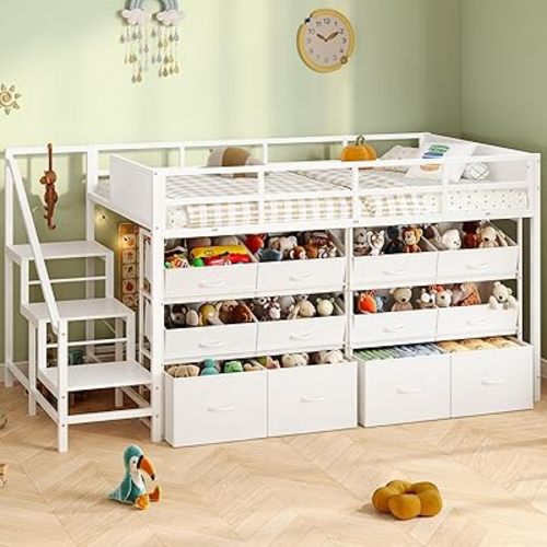 Low Loft Bed Twin Size with 12 Storage Drawers, Kids Loft Bed with Stairs, Metal Twin Loft Beds for Kids with Safety Guardrail, Toddler loft Beds Frame, Under-Bed Play Space, for Girls Boys, White