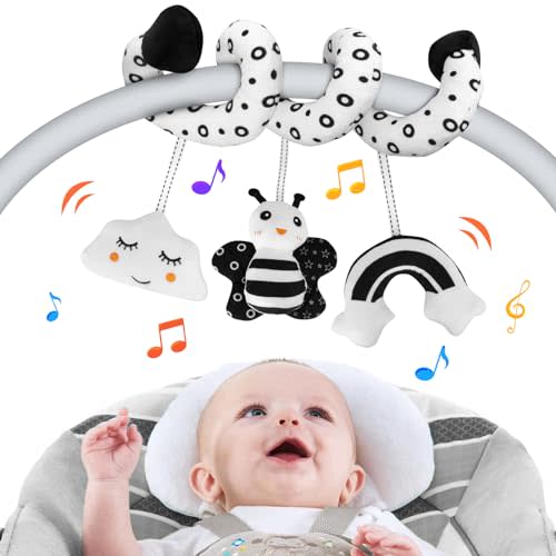 RANSANX Car Seat Toys for Babies - Stroller Hanging Toy for Newborns, Black and White High Contrast Car Seat Spiral Toys Gift for 0 3 6 12 Months Infants Babies (Bee)