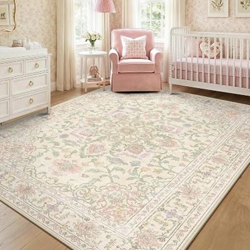 CAPALOCA 5x7 Washable Nursery Girls Low Pile Area Rug Purple Green Pink