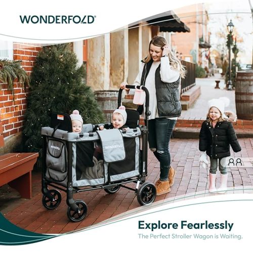 WONDERFOLD W2 Original Double Stroller Wagon Featuring 2 High Seats with 5-Point Harnesses, Easy-Access Front Zipper Door, and Removable UV-Protection Canopy, Black - W2_Original