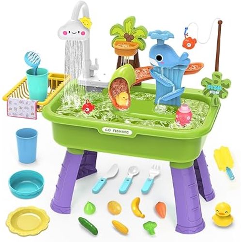 Water Table for Toddlers 1-3，Water Table with Pump，Role Play Sensory Toys，Toy Kitchen Sets for Kids Ages 4-8, Play Sink with Running Water & Electric Faucet，Outdoor Toys for Toddlers 1-3(Green)