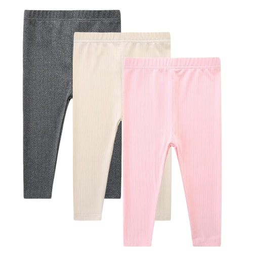 3 Pack Baby Girl Pants Set Solid Ribbed Toddler Girls Leggings for Infant Stretchy Fall Clothes
