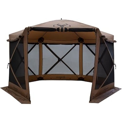Gazelle Tents™, G6 Deluxe 6-Sided Portable Gazebo, Easy Pop-Up Hub Screen Tent, Waterproof, UV Resistant, Attached Wind Panels, 8-Person & Table, Badlands Brown, 86" x 124" x 124", GG610BR