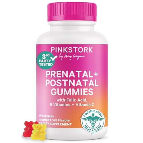 Pink Stork Fertility + Prenatal + Postnatal Gummy Vitamins – Full Motherhood Journey Support – Multivitamin with Folate, B Vitamins, Zinc & Biotin – Postpartum Essentials - 60 Assorted Fruit Gummies