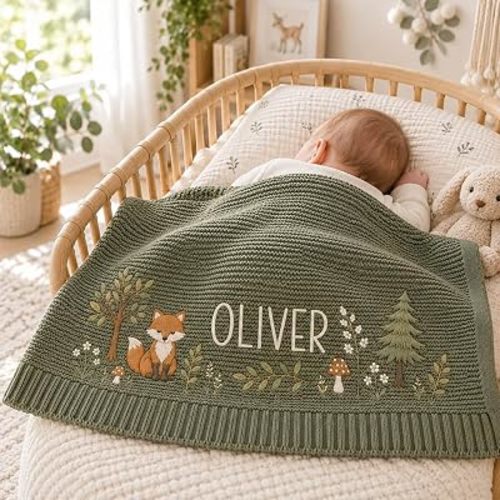 Noni Personalized Baby Knit Blanket with Custom Name, Embroidered Woodland Fox Nursery Keepsake, Forest-Themed Newborn Shower Gift