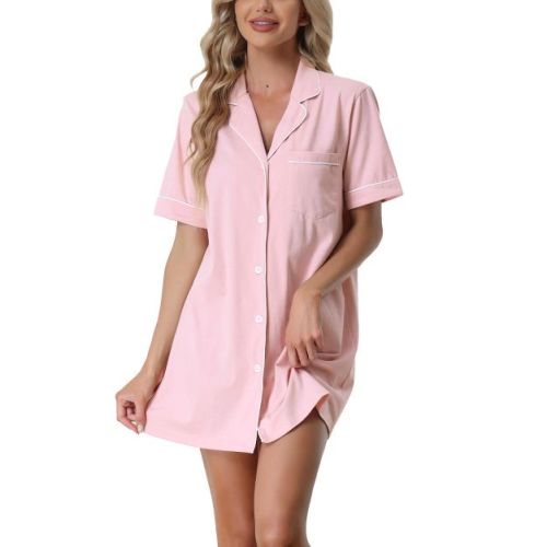 cheibear Women's Notched Collar Thigh Length Button Down Pajama Shirt Dress with Pocket Medium Pink