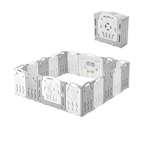 Albott Baby Fence Kid Playpen 18 Panel Albott Play Yard - Foldable Kids Safety Activity Center Playard Safety Lock Gate,Adjustable Shape, Portable Design for Indoor and Outdoor (18 Panel, Grey+White)