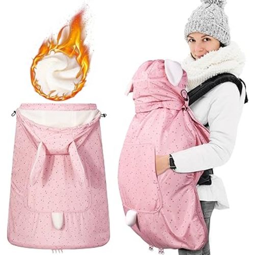 Orzbow Baby Winter Carrier Cover with Detachable Hood, Waterproof & Windproof, with Big Pockets, Universal Fit for Baby Carriers and Waist Stool | with Storage Bag, Pink Rabbit