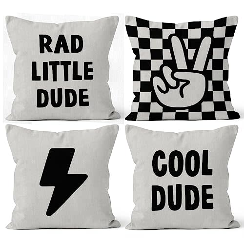 HIWX Rad Little Cool Dude Preppy Black Checkered Peace Sign Lightning Decorative Pillowcase Throw Pillow Cover,Trendy Preppy for Sofa Bed Boy Teen Room Dorm Decor 18 x 18 Inch Pillow Case Set of 4