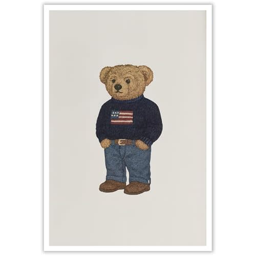 Patriotic Preppy Bear Wall Art, Vintage American Flag Bear Print, Classic All-American Decor for Nursery & Kids Room(8x12inchs,Unframed)