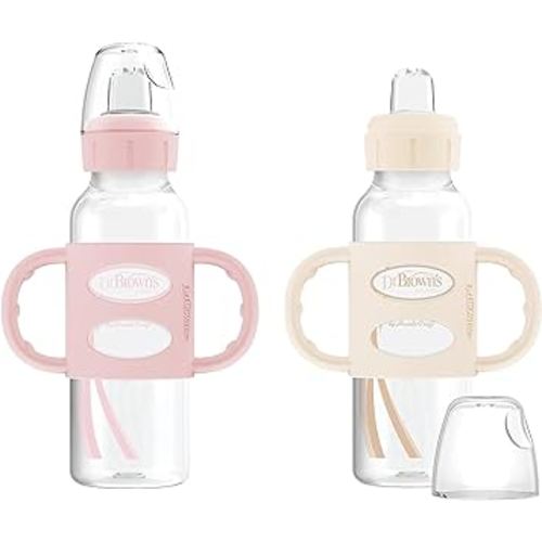 Dr. Brown's Milestones Narrow Sippy Spout Bottle with 100% Silicone Handles, Easy-Grip Handles with Soft Sippy Spout, 8oz/250mL, Light-Pink & Ecru, 2-Pack, 6m+