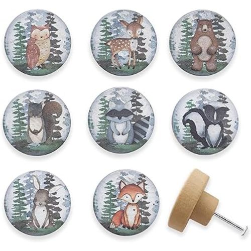 Set of 8 1.8" Wooden Cute Safari Animal Cabinet Knob Decorative Wood Kids Furniture Dresser Drawer Knobs Nursery Drawer Handles