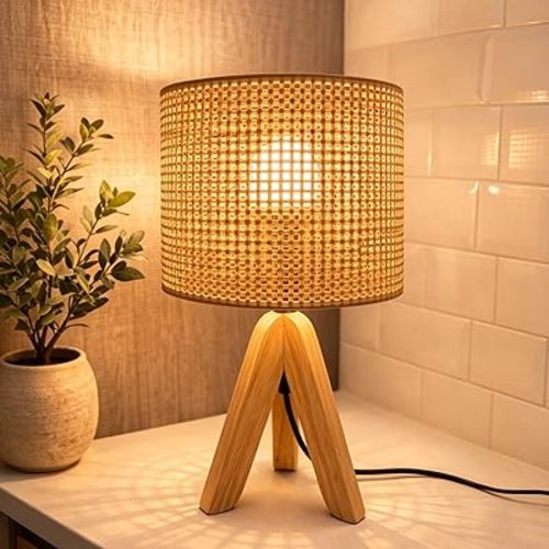 Hamilyeah Boho Table Lamps with Wicker Shade, Tripod Bedside Lamp with On/Off Switch, Wooden Lamps for Night Stands, Wood Desk Lamps for Bedroom, Living Room