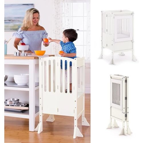 Guidecraft Contemporary Kitchen Helper® Stool with 2 Keepers- Ivory: Foldable, Adjustable Height, Wooden Step Stool Tower for Toddlers | Little Kids Safety Learning Furniture