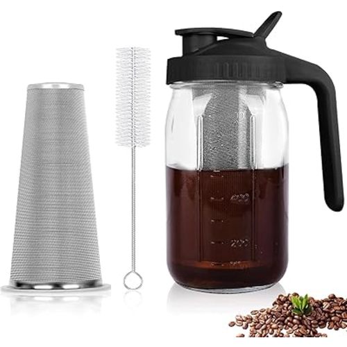 Cold Brew Coffee Maker,32 Oz Mason Jar Pitcher with Stainless Steel Filter, Pour Spout Handle Lid, Heavy Duty Glass Airtight & Leak-Proof for Iced Coffee Tea Breastmilk Lemonade-Black