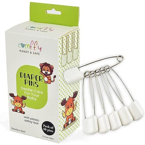 50 PCS Diaper Pins - Stainless Steel Pins with Plastic Safety Lock, Large Nappy Pins with White Plastic Heads, 5.5cm x 1.1cm - Safety Pins for Baby Cloth Diapers