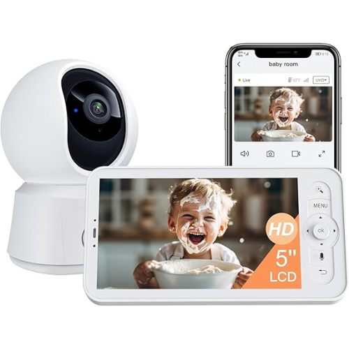 Arenti Baby Monitor, Smart WiFi 6 Baby Camera with 5-Inch Upgraded Wireless Display, 360° View, Auto-Night Vision, Temperature Sensor, Sound & Motion Detection, 2 Way Audio, VOX Mode (B2)