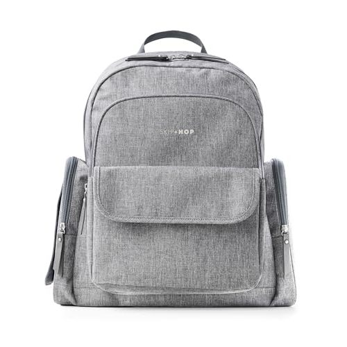 Skip Hop Diaper Bag Backpack with Portable Changing Pad, 9 Total Pockets, Easy-Access Wipes Pocket, Zippered Side Pocket, Luggage Sleeve & Stroller Straps, Fits a 15” Laptop, Luna, Heather Grey
