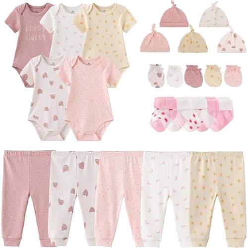 MAMIMAKA Newborn Layette Gift Set Bodysuits Pants for Baby Girl and Boy 24 Piece 100% Cotton Essentials and Accessories