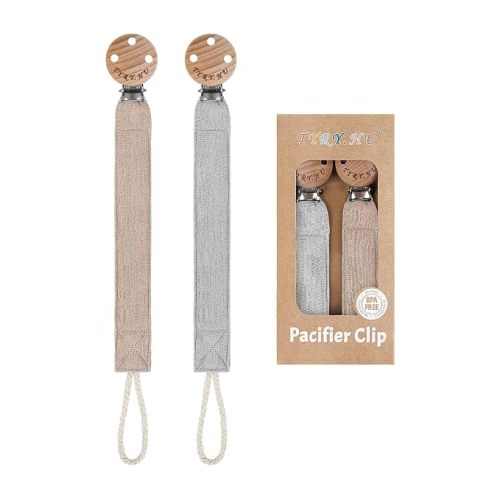 TYRY.HU Ribbon Pacifier Clip Holder,4 Pack Binky Paci Holder Clips, Pacifier Leash, Soft Webbing Strap Universal Fits for Most Pacifier, Styles(Cream,Grey,Rose,Purple)