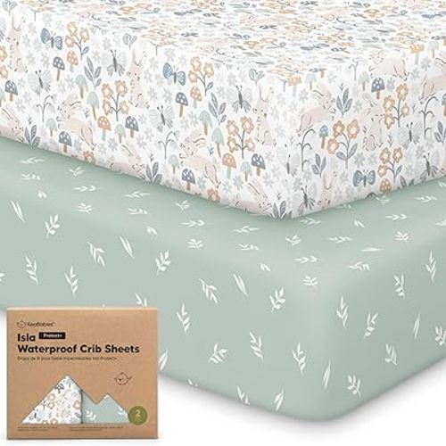 2-Pack Waterproof Baby Crib Sheets for Boys, Girls - 52x28 Standard Crib Mattress Protector, Cute & Snug Fitted Baby Mattress Cover, Neutral, Soft Viscose from Bamboo Toddler Bed Sheets (Prairie)