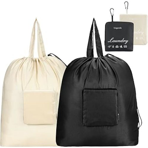 GOGOODA Travel Laundry Bags with Drawstring Closure XL Large Foldable Dirty Clothes bags with Handle Heavy Duty and Washable for College Dorm Travelling Camping, 2 Pack, Black & Beige