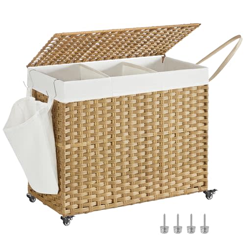 SONGMICS Rolling Laundry Hamper with Lid, 160 L 3-Section Synthetic Rattan | Laundry Basket with Wheels, Removable Liner, 29.9 x 13 x 26 Inches,Natural, ELIOTT Collection ULCB365N01