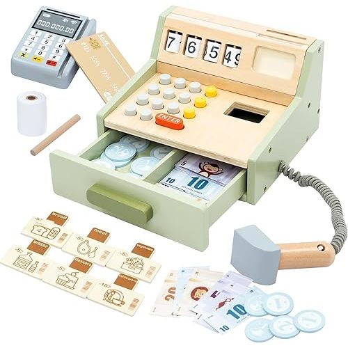 Wooden Toy Cash Register for Kids, Pretend Play Money Counting Toy with Scanner and Credit Card Toddlers Cashier Toy Shop Grocery Play Food Accessory Preschool Learning Gift for Boys Girls Ages 3+