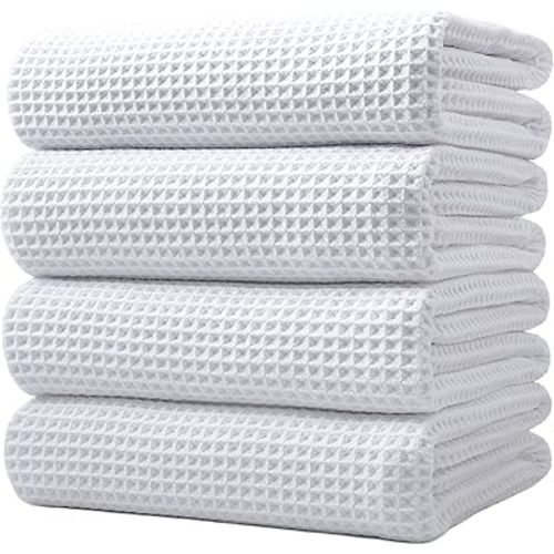POLYTE 430 GSM Microfiber Oversize Quick Dry Lint Free Bath Towel, 60 x 30 in, 4 Pack (Waffle Weave)
