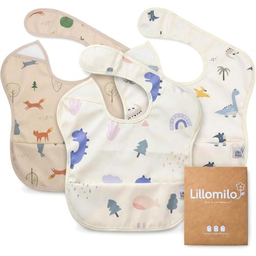 Lillomilo Waterproof Baby Bibs for Eating 3-Pack | Toddler Bibs with Food Catcher | Machine Washable Bibs, Lightweight | Toddlers 6-36 Month, CPSIA Tested, Dinosaur Animal Design (Cream White Beige)