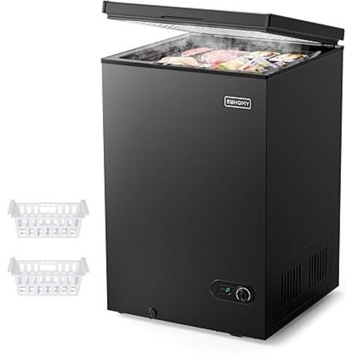 EUHOMY Upgraded 3.5 Cu.Ft Chest Freezer with Removable Basket, Small Deep Freezer Adjustable 7 Thermostat, Quiet Mini Freezer Free-Standing Top Door, Energy Saving for Garage/Basement/Dorm/Home,Black