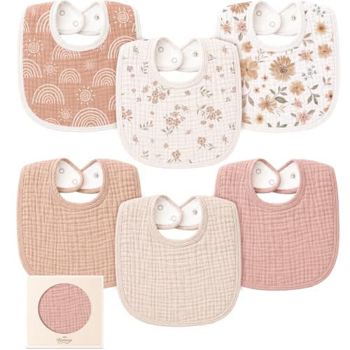 Konssy 6-Pack Muslin Cotton Baby Bibs for Drooling and Teething | Soft Absorbent Front, Fleece Back Keeps Clothes Dry, Easy to Clean, Adjustable Fit for Boys & Girls Ages 0-36 Months (Floral)