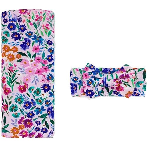 Little Sleepies Swaddle & Headband Bow Set, Viscose from Bamboo Baby Swaddles, Newborn Baby Girl Clothes (Sweet Pea)