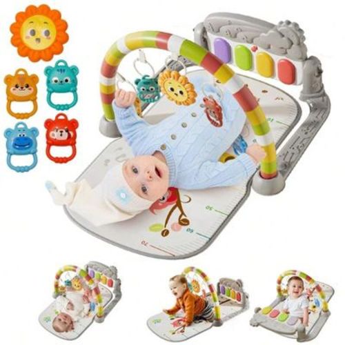 Baby Kick and Play Piano Mat with Mirror and Toys Soft Infant Activity Gym for Sensory Development-Grey