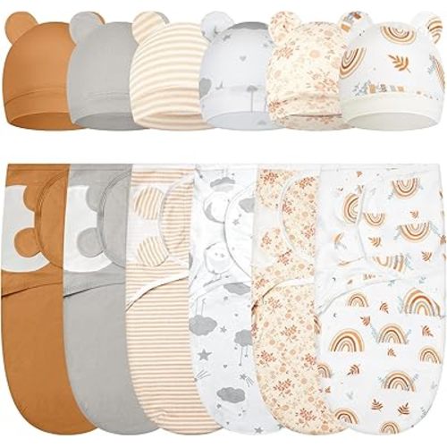 6 Pack Swaddle Blanket with Hats for Baby Girl Boy 100% Cotton Swaddles 0-3 Months, Adjustable Breathable Skin Friendly Receiving Blanket Wrap, Essential for Newborns(Boho,Multicolor)