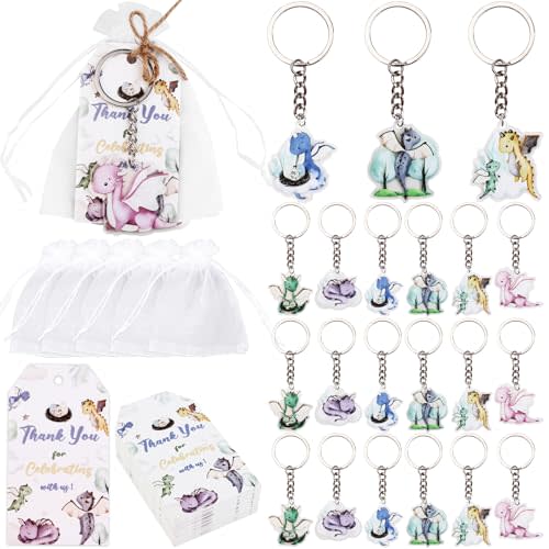 Serencatcher 72Pcs Dragon Party Favors, Dragon Baby Shower Decorations, Watercolor Dragon Thank You Tags Keychain White Organza Bags for Hatching Soon Baby Shower Birthday Party Supplies