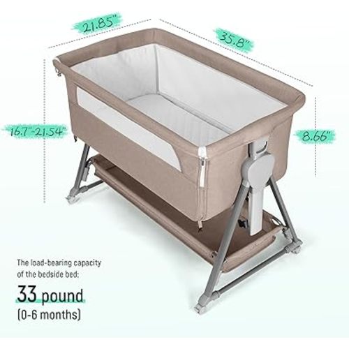 Cowiewie Bassinet Bedside Sleeper, Baby Bassinet with 7 Adjustable Height, Bedside Bassinet for Baby with Storage, Breathable Mesh & Mattress, Portable Bassinet Easy Folding (Baby Brown)